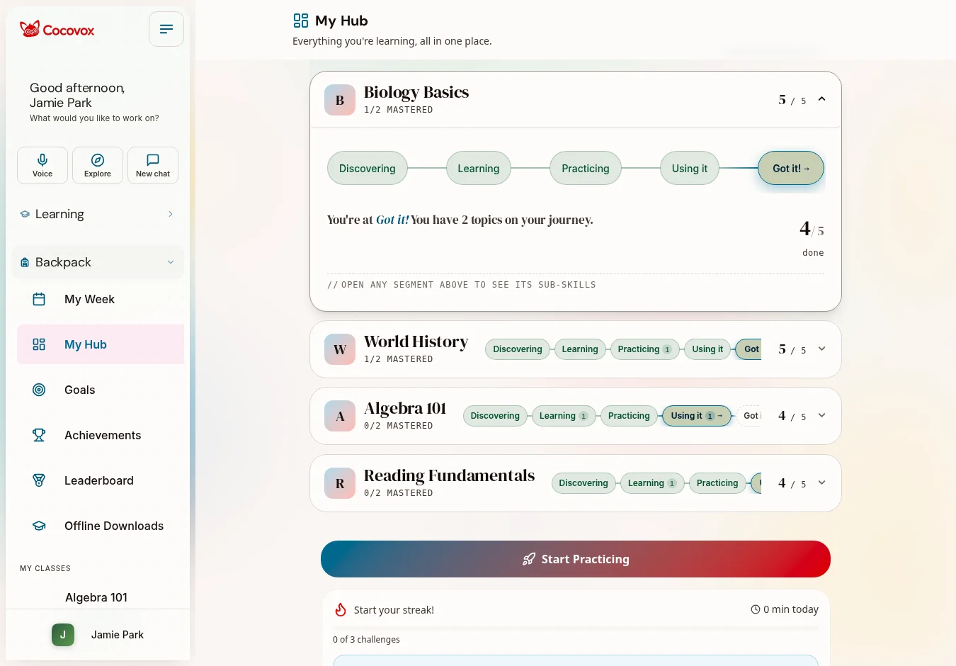 A learner's hub in Cocovox: each course shown as a stage map from Discovering to Got it, with the current stage highlighted, topics counted per stage, and one tap to start practicing.